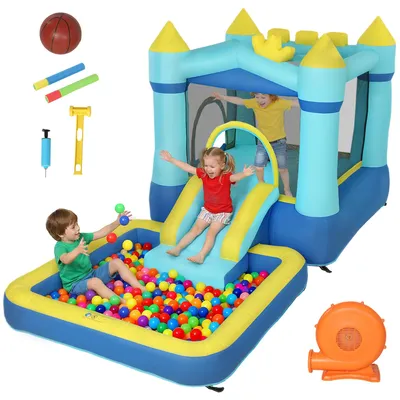 Productafbeelding van Opblaasbaar springkasteel speelcentrum met blower, glijbaan, trampoline, kinderbad/ballenbak, waterpistool, 364x173x182 cm, blauw
