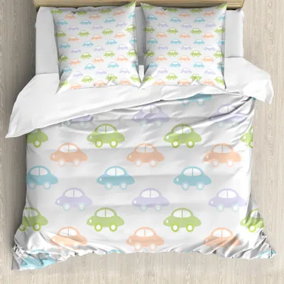 Produktbild von ABAKUHAUS Auto Bettbezug, Pastell Cars Pattern, Milbensicher Allergiker geeignet mit Kissenbezügen, 155 cm x 220 cm - 80 x 80 cm, Mehrfarbig