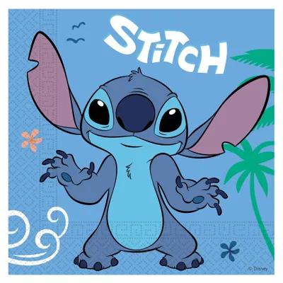 A cartoon image of Stitch from Disney's Lilo & Stitch, with tropical elements like palm trees and flowers, and the word "Stitch" overlaid.
