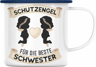 Produktbild von Trendation - Schutzengel Schwester Emaille Tasse Geschenk für Schwester Geschenkidee Beste Schwester Geburtstag (Blau)