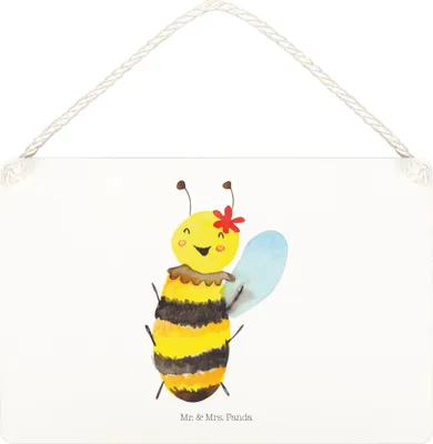 Produktbild von Mr. & Mrs. Panda Schild Biene Happy DIN A4 - Weiß - Geschenk, holzbild, Türschild, wandtafel, Deko Wandbild, Holz