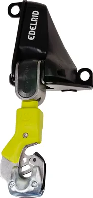 Karabiner "Topper Station" von Edelrid; schwarz mit gelbem Hebel; für Arbeitssicherheit.