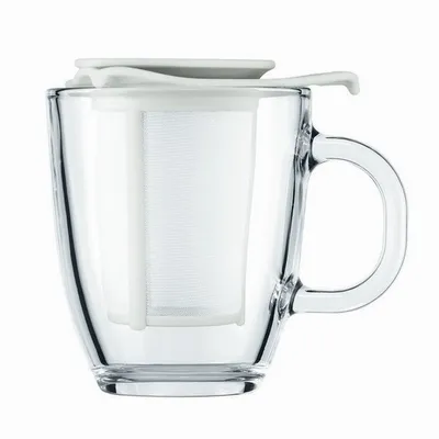 Produktbild von BODUM Becher Tasse Glas Kaffeebecher Teebecher mit Teesieb Weiß Neu 350 ml