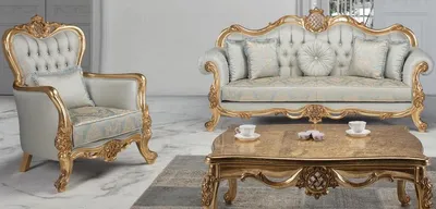 Produktbild von Casa Padrino Luxus Barock Wohnzimmer Set Hellblau / Türkis / Gold - 2 Sofas & 2 Sessel & 1 Couchtisch - Wohnzimmer Möbel im Barockstil - Edel & Prunkvoll