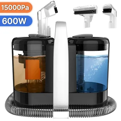 Obrázek produktu pro Čistič koberců a čalounění – přenosný odstraňovač skvrn – 600 W – 15 kPa – funkce stříkání a vysávání – nádrž na čistou vodu o objemu 1080 ml – turbokartáč – kabel o délce 5 metrů
