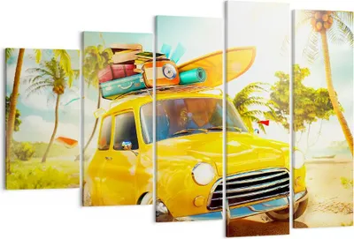 Produktbild von Bild auf Leinwand - Leinwandbild - Auto Strand Reise Sommer - 150x100cm - Wand Bild - Wanddeko - Leinwanddruck - Bilder - Kunstdruck - Wanddekoration - Leinwand bilder - Wandkunst - EG150x100-2839