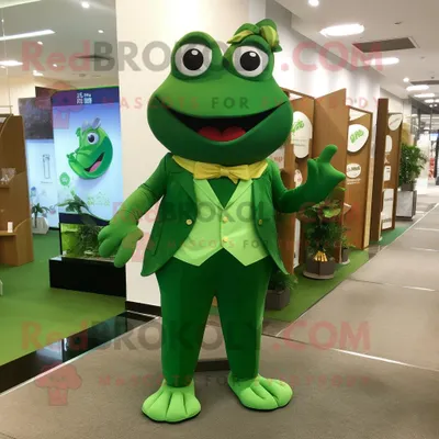 Produktbild von Maskottchen REDBROKOLY kostüm Waldgrüner Frosch gekleidet in ein Hemd und Geldbörsen