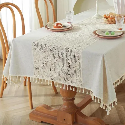 Produktbild von Gehäkelte Tischdecke 140x200cm Rechteckig Beige Spitze Boho Vintage Tassel