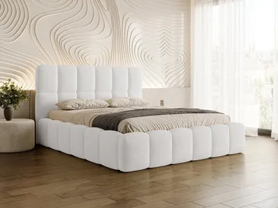 Produktbild von Chilly Möbel Design Bett Clay Slim - Doppelbett mit Bettkasten, Lattenrost und Kopfteil 160x200 cm / Metallrahmen / Bouclé / Weiß