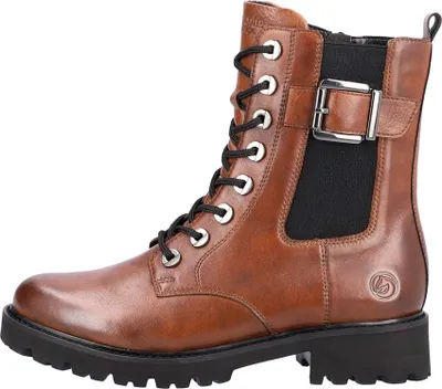 A single brown leather boot with black laces and a black sole is shown against a white background.
