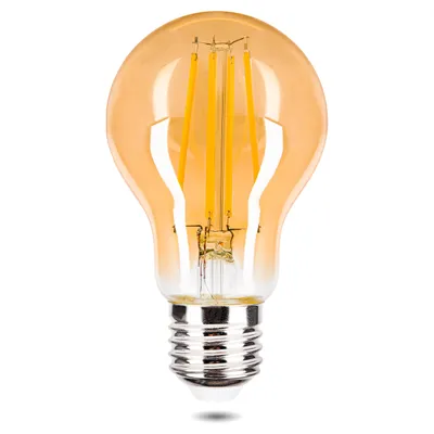 A close-up studio shot of an amber-colored LED light bulb with a silver screw base, isolated on a white background.