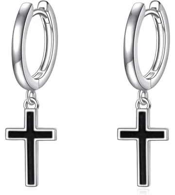 Produktbild von Creolen mit Kreuz und Sternen, Sterling Silber, Schwarz, 28,4 mm