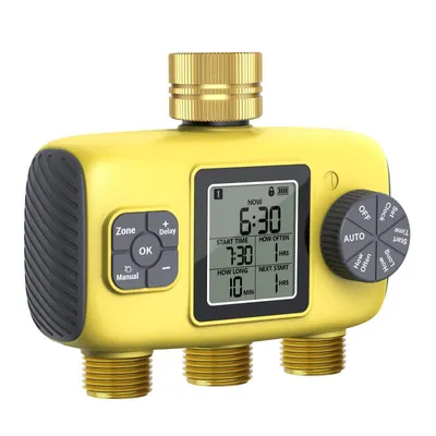 Produktbild von Bewässerungscomputer 3 Zonen mit 3 Ausgängen, LCD-Display, Regenverzögerung, manueller & automatischer Modus, Messingeinlass für Gartenbewässerung