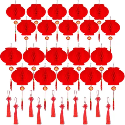 Productafbeelding van 20 Stukken Chinese Lantaarns, 2 Maten Rode Papieren Lantaarns met 10 Stuks Chinese Knoop