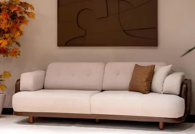 Produktbild von Designer 3-Sitzer-Sofa Moderner Stil Beigefarben Weiches Sofa Holzbeine Neu