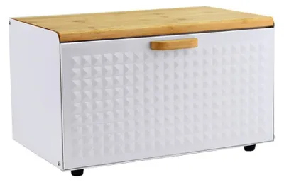 Zdjęcie produktu dla HAUS ROLAND Taca na chleb metalowa, lakierowana warstwa i drewno bambusowe, biała 35,5cm
