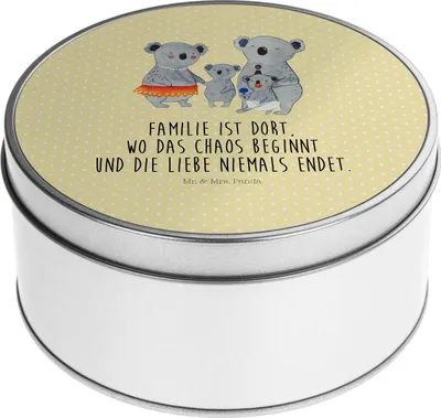 Produktbild von Mr. & Mrs. Panda Blechdose Koala Familie - Gelb Pastell - Geschenk, metalldosen, Mama, Koalas, Kinder, Bruder, Dose, Kaffeedose, Vorratsdosen, keksdosen