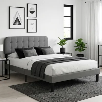 Obrázek produktu pro Postel Bealife s čalouněnou konstrukcí a nastavitelnou opěrkou hlavy, dvoulůžko 140x200 cm, látková postel, postel pro mládež, čalouněná postel, rám postele s roštem, šedá barva, model BF54