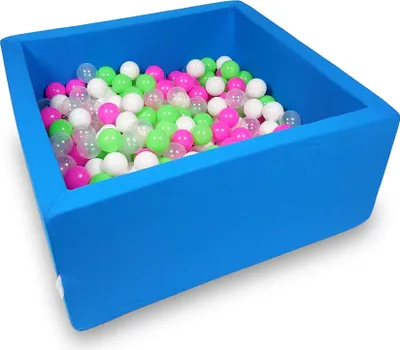 Produktbild von Bällebad 90x90x40cm azurblau – Mit 400 Bällen / Seladon, Rosa, Weiß, Transparent