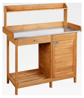 Produktbild von Gärtnertisch 112 x 46,5 x 125 cm mit verzinkter Arbeitsplatte, Schublade und Unterschrank, Gartenarbeitstisch aus Holz, Blumentisch in Hellbraun