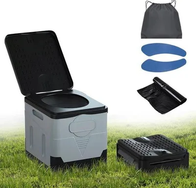 Immagine prodotto di Uniqoos®: Toilette portatile pieghevole per campeggio, realizzata in PP, dimensioni 31,5 x 27 x 31 cm, resistente fino a 150 kg, inclusi 12 sacchetti biodegradabili per le feci, coperchio e borsa per il trasporto