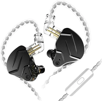 A pair of black in-ear headphones with a silver braided cable and a white inline remote.
