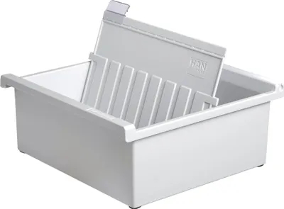 A white plastic card file box with a divider insert.