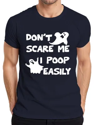 Zdjęcie produktu dla DON'T SCARE ME I POOP EASILY Śmieszny męski T-shirt z duchem na Halloween, granatowy, M