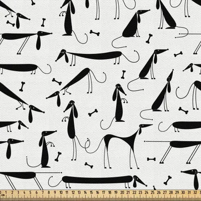 Produktbild von ABAKUHAUS Hund Gewebe als Meterware, Dackel-Entwurfs-einfarbiges Tierschattenbild Abstraktes Cartoonish Knochen-Hundeartige Muster, 10 M (148 x 1000 cm), Weiß Schwarz