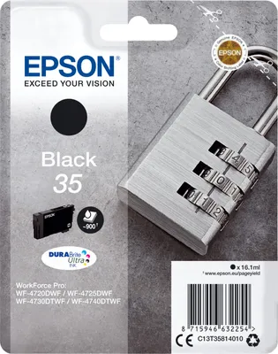 Produktbild von Epson Padlock 35 Vorhängeschloss DURABrite Ultra Single Black Tinte, Standardertrag, Schwarz, Tinte auf Pigmentbasis, 16,1 ml, 1 Stück(e), 900 Seiten