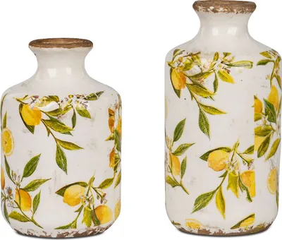 Produktbild von 2er Set Dekovasen VINTAGE LEMON Zitronen 18 + 21cm weiß gelb antik Formano S25