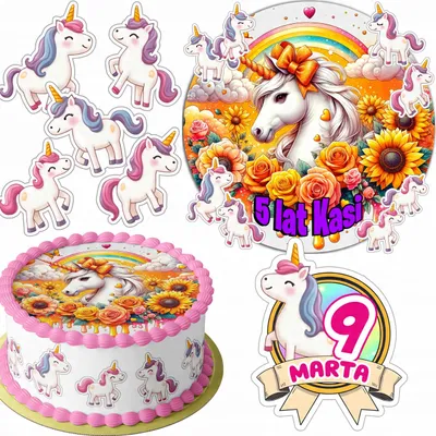Zdjęcie produktu dla Zestaw Opłatek Na Tort 20Cm + 16 Postaci - Jednorożec + Imię 15Cm 18Cm