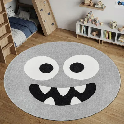 Productafbeelding van Grijze speelmat met monsterprint, rond, diameter 120 cm, AI-gegenereerde afbeelding