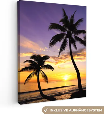 Produktbild von MuchoWow® - Leinwandbilder - Strand - Sonnenuntergang - Palmen - Tropisch, Wandbild, Wanddeko Bilder Wohnzimmer, 90x120 cm