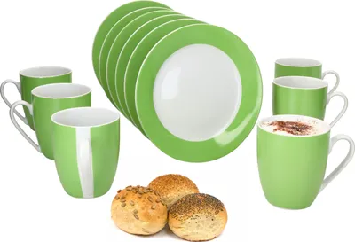 Produktbild von 12tlg Frühstücksset Variant Grün Porzellan 6 Personen Teller klein Kaffeebecher