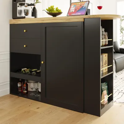 Image de OKWISH Meuble Bar Pivotant 360° Avec 2 Tiroirs, Portes Coulissantes Et 3 Étagères Ouvertes - Buffet Bar Moderne MDF - Noir