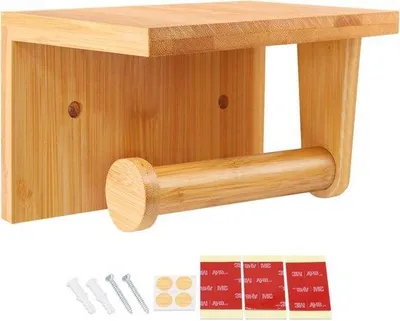 Produktbild von Famanu Toilettenpapierhalter aus Bambus - Wandmontage ohne Bohren, mit Ablage