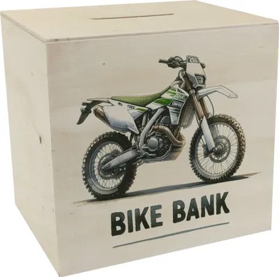 Produktbild von Enduro Motorrad Spardose aus Holz mit Spruch Bike Bank