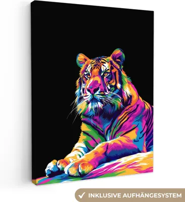 Produktbild von MuchoWow® - Leinwandbilder - Tiger - Bunt - Tiere - Schwarz - Neon, Wandbild, Wanddeko Bilder Wohnzimmer, 90x120 cm