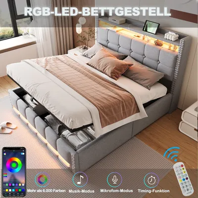 Produktbild von okwish Polsterbett 160×200 mit Hydraulischem Bettkasten,LED,Jugendbett mit offenen Fächern,Doppelbett, ohne matratze,Hellgrau
