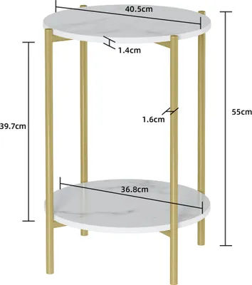 A two-tiered round side table with a marble-effect top and gold metal legs, shown with dimensions indicated.