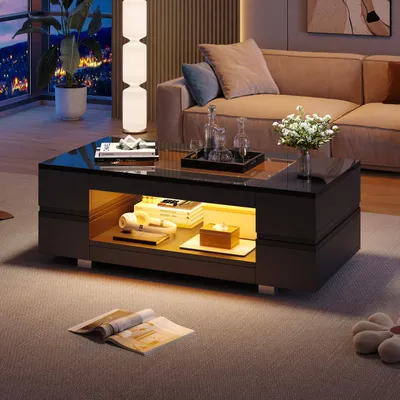Zdjęcie produktu dla Stolik kawowy LED Merax z aplikacją i pilotem, szklany blat, pusta konstrukcja, 100 x 50 x 35 cm - Nowoczesny stolik do salonu w kolorze czarnym o wysokim połysku