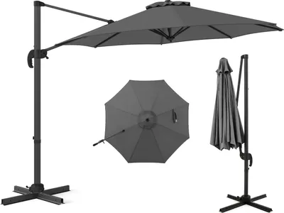 A studio shot of a cantilever umbrella, shown in three different views: open and extended, top-down view of the canopy, and folded.