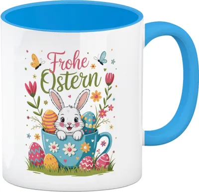 Produktbild von Frohe Ostern Kaffeebecher in hellblau mit Hase