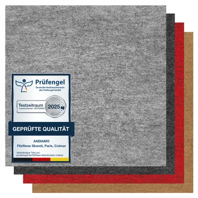 Selbstklebende Filzfliese grau, mit Prüfengel-Siegel & Farbmustern in beige, anthrazit, rot.