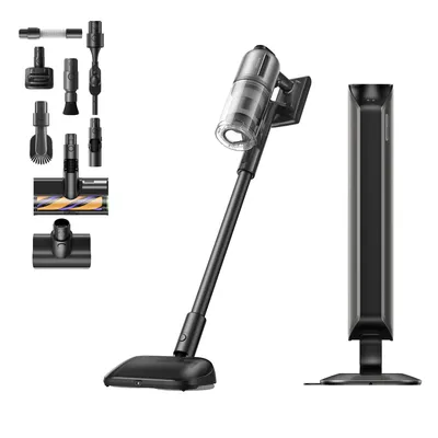 A cordless vacuum cleaner and its accessories are displayed against a white background, along with a charging station.