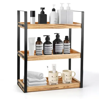 Standregal mit 3 Holz-Etagen, Badezimmer-Organizer, braun