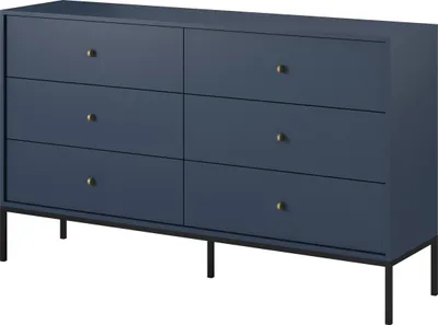 A blue dresser with six drawers and gold knobs, set against a white background.