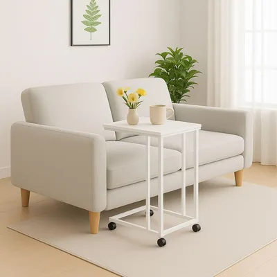 Image de Table d'appoint en forme de C avec roulettes - Plateau effet bois