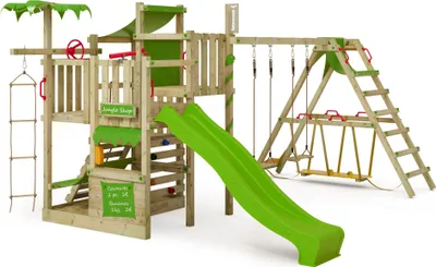 Image de FATMOOSE Tour d'escalade CrazyCoconut avec balançoire & toboggan, jeu de jardin avec SurfSwing, échelle & accessoires de jeu - vert pomme